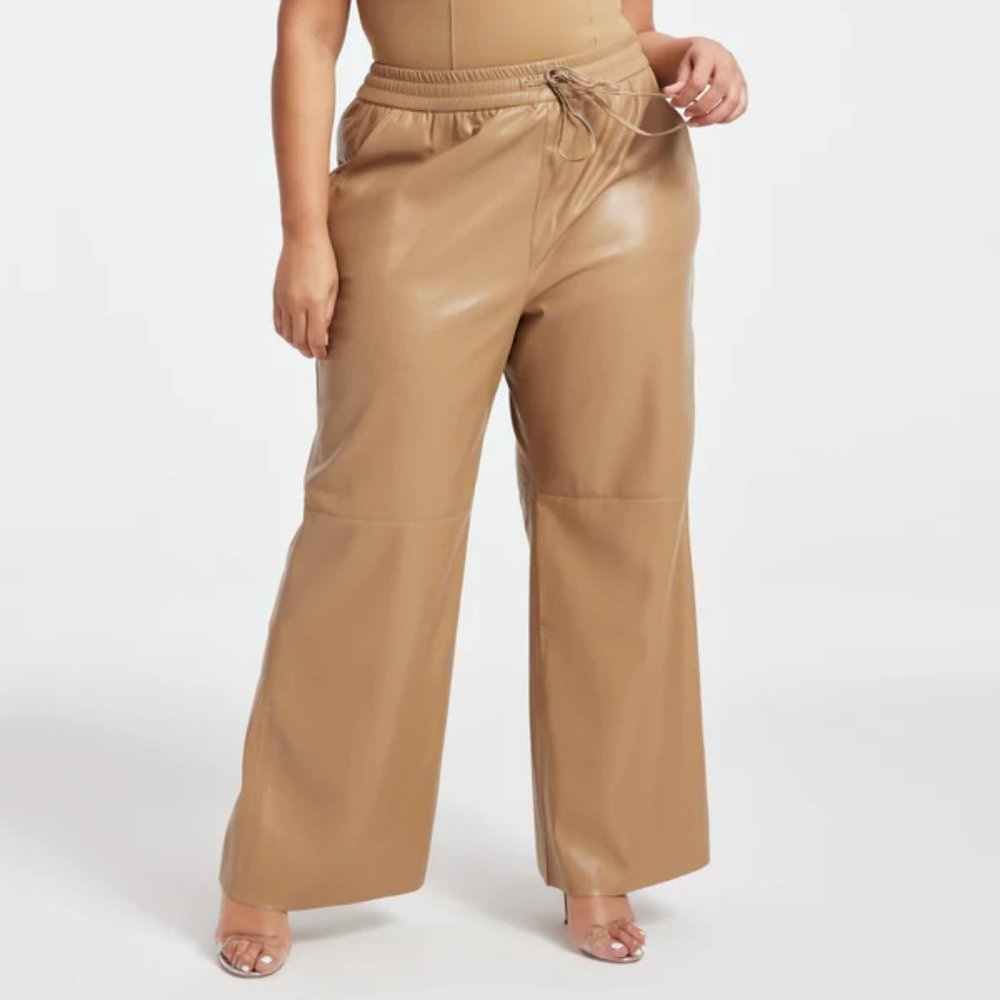 Good American Faux Leather Wide Leg Pants in Warm Caramel